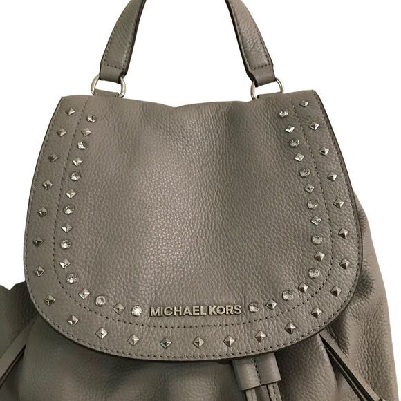 Michael Kors Riley rhinestone studded gray pebble drawstring leather backpack - Picture 3 of 14